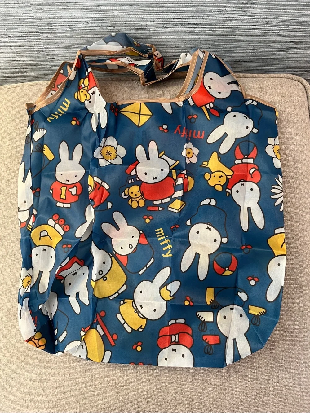 Miffy Pattern Reusable Tote Bag - Navy Blue with White & Yellow Characters